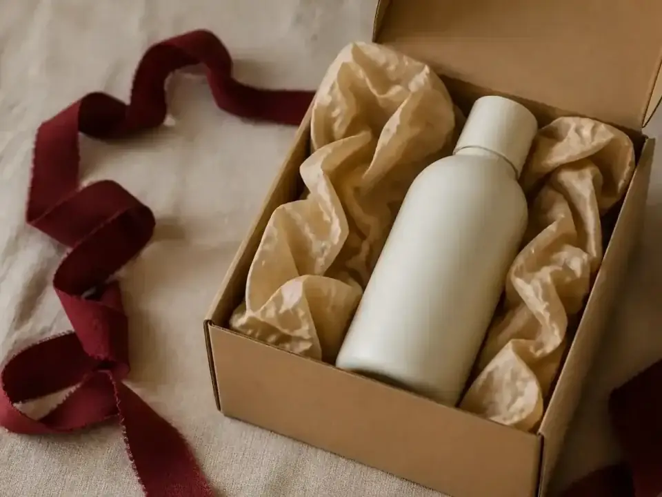 Cutie produs cu etichetă frontală, ingrediente pe spate și simbol reciclare pe lateral