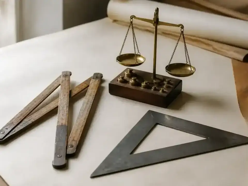 Trei instrumente analogice de măsură pe o masă de hârtie: rulou, cântar de bijuterie și echer.