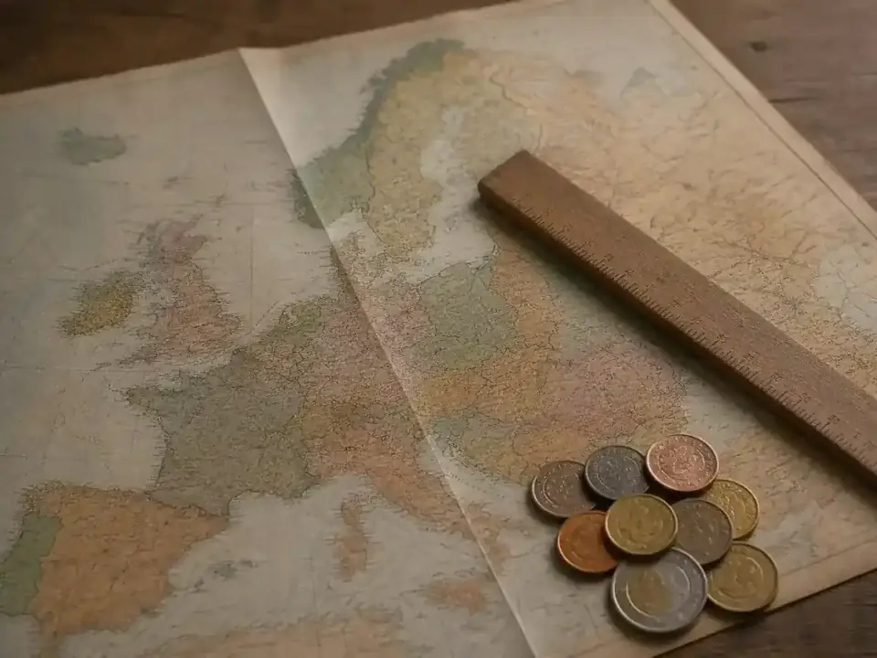 Hartă de hârtie a Europei, parțial acoperită de o riglă și de un teanc de monede.