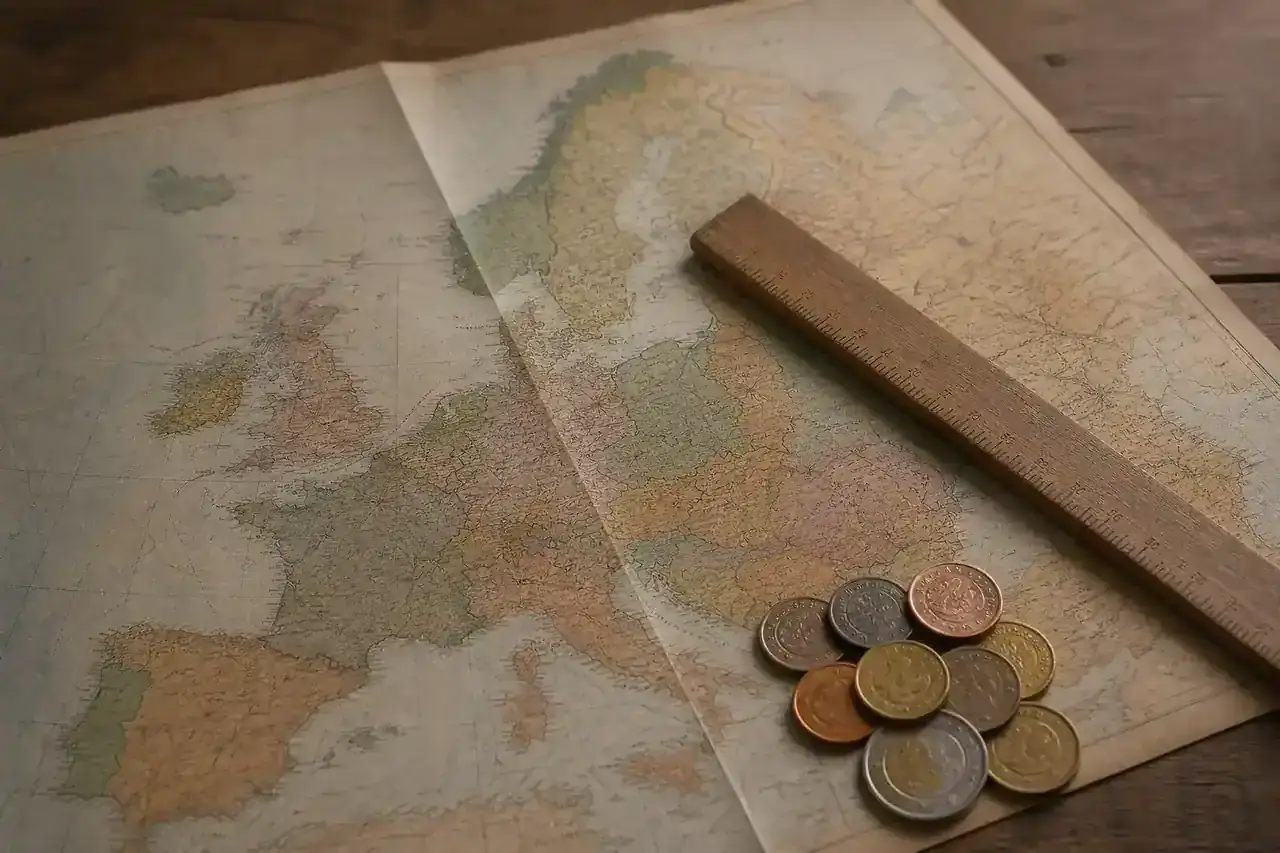 Hartă de hârtie a Europei, parțial acoperită de o riglă și de un teanc de monede.